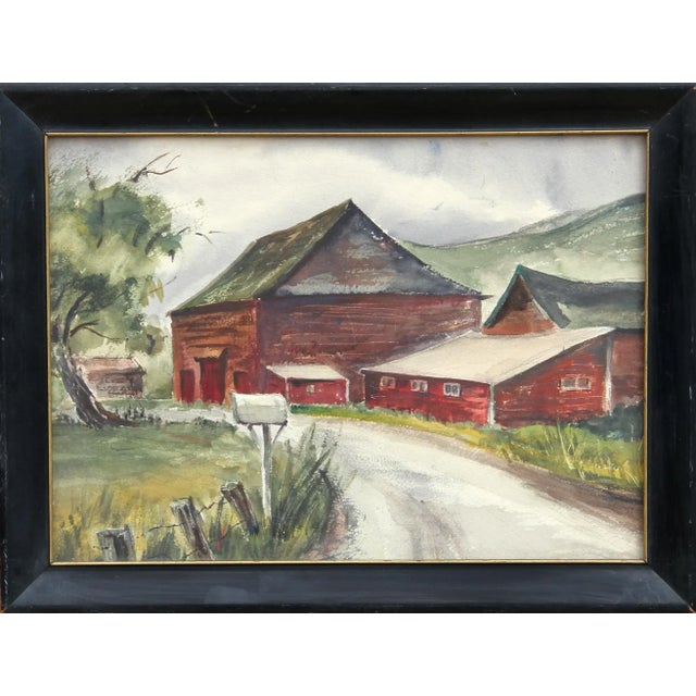 Leading down the road bordered by posts wrapped with tight wire, Eve Nethercott's portrayal of a large red barn complex...