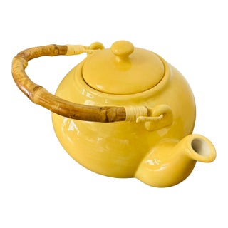 Vintage Pottery Barn Sausalito Yellow Ceramic Teapot – Bamboo Handle – Asian-Inspired Stoneware Tea Kettle For Sale