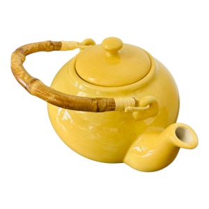 Vintage Pottery Barn Sausalito Yellow Ceramic Teapot – Bamboo Handle – Asian-Inspired Stoneware Tea Kettle