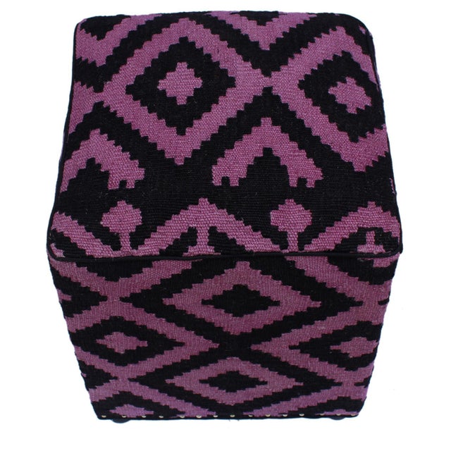 Purple Boho Chic Black/Purple Handmade Kilim Upholstered Ottoman For Sale - Image 8 of 9