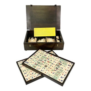 Antique Chinese Boho Chic Chinoiserie Mahjong Game Set, Walnut & Brass Box For Sale