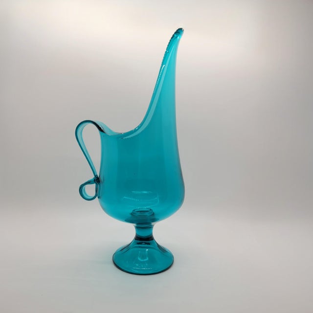 Mid 20th Century Vintage Le Smith MCM Aqua Glass Pitcher Candleholder Vase Simplicity Design For Sale - Image 5 of 10