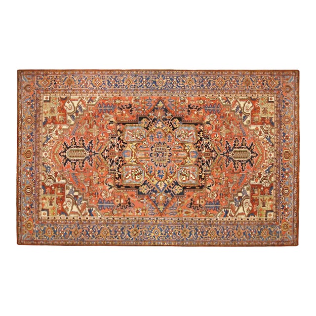 Antique Hand-Knotted Persian Heriz Oriental Carpet For Sale