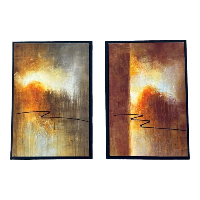 Late 20th Century Pair of Red & Gold Abstract Paintings For Sale