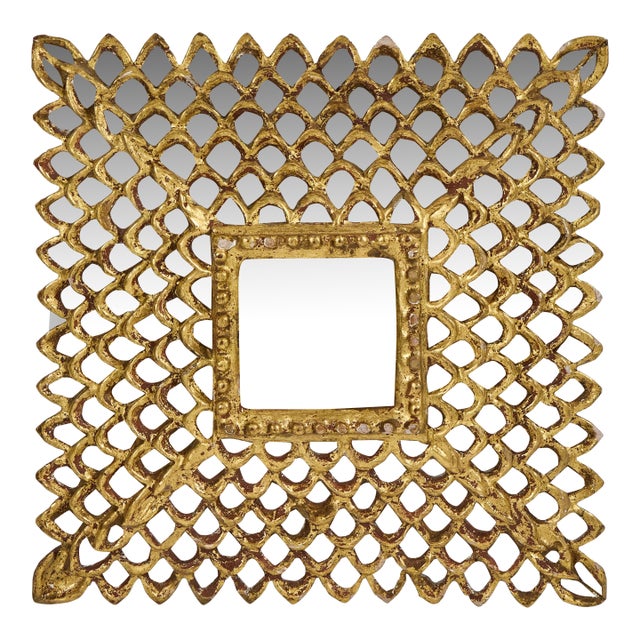Antique French Giltwood Square Mirror W/Fish Scale Mirror Insets For Sale