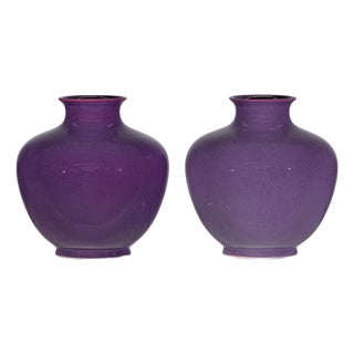 Pair of Purple Ceramic Vases with Glossy Finish and Rounded Bellies For Sale