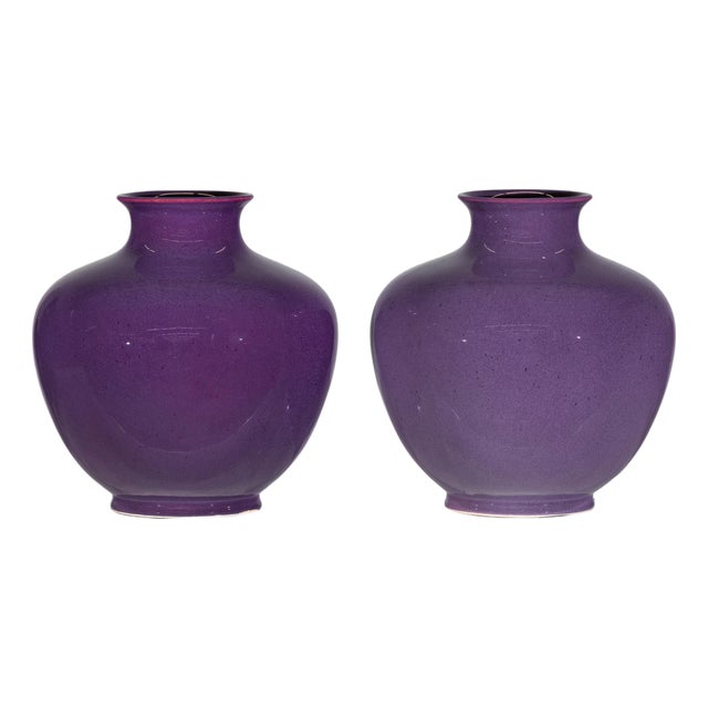 Pair of Purple Ceramic Vases with Glossy Finish and Rounded Bellies For Sale