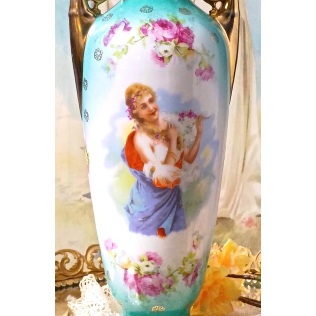 Art Nouveau Antique Victorian Victoria Carlsbad Austria Portrait Vase, Victorian Art Nouveau Hand Painted Porcelain Urn, G M Asmann the Secret For Sale - Image 3 of 13