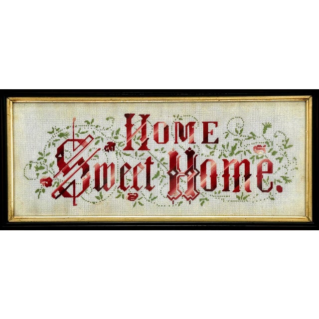 Classic Antique American Victorian Embroidered "Home Sweet Home" Motto in Original Black Walnut Frame For Sale - Image 4 of 12