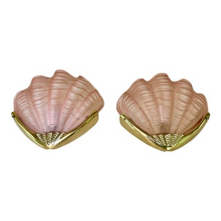 Pair Art Deco Shell Clam Shaped Pink Glass Brass Wall Sconce For Sale