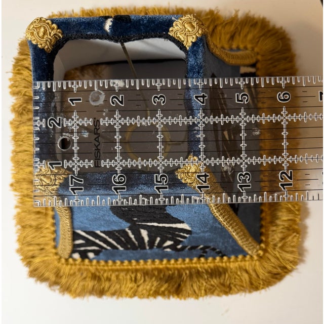 Custom Sapphire Blue Velvet Zebra Lampshade With Gold Trim and Brush Fringe (Uno Fitter) For Sale - Image 4 of 5