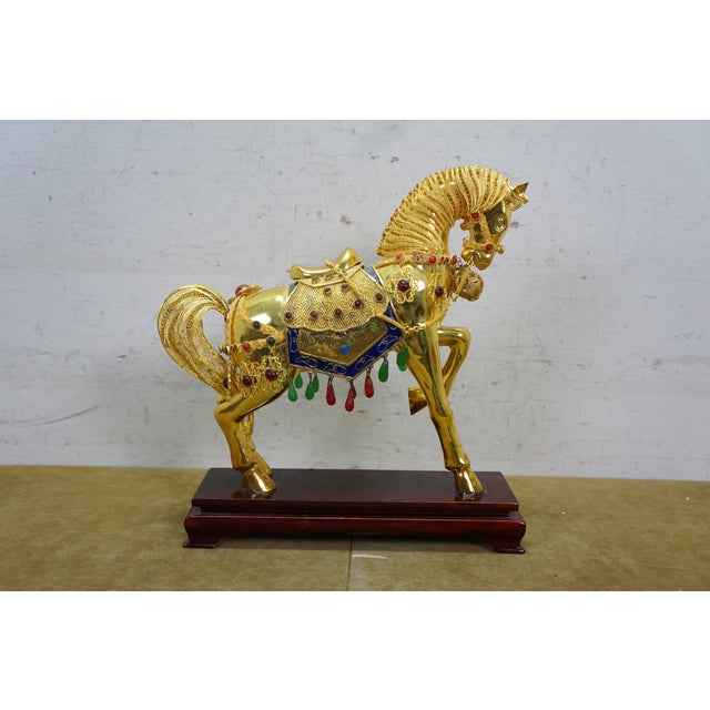 Vintage Chinese Gold Plated Jeweled Tang Horse Sculpture Statue 10" For Sale - Image 6 of 16