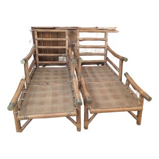 1950s Attributed to Ficks Reed, John Wisner Rattan Lounge Chairs and Ottomans (Needs Cushions) For Sale