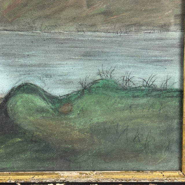 Rare to Market 19th C. Primitive Folk Art Colored Sandpaper Painting of River Scene & Boaters For Sale - Image 11 of 13