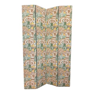 Monumental Chinoiserie Decorated Four-Panel Upholstered Floor Screen (2 Avail) For Sale
