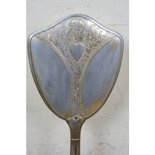 Antique Art Deco Etched Silverplate Floral Heart Hand Vanity Mirror 14" For Sale - Image 10 of 14