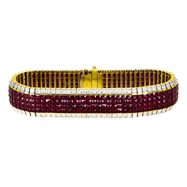 Late 20th Century Invisibly Set 18k Ruby Bracelet For Sale