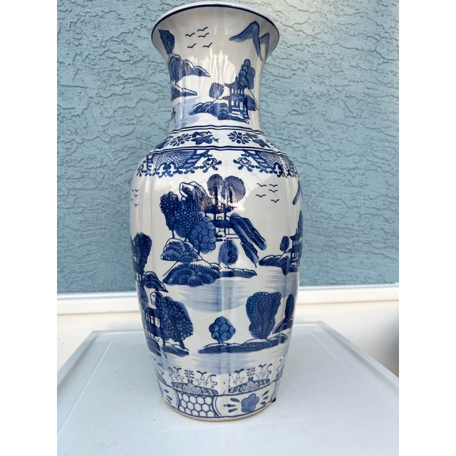 Mid 20th Century Tall Vintage Asian Chinese Blue & White Ribbed Porcelain Vase For Sale - Image 5 of 7