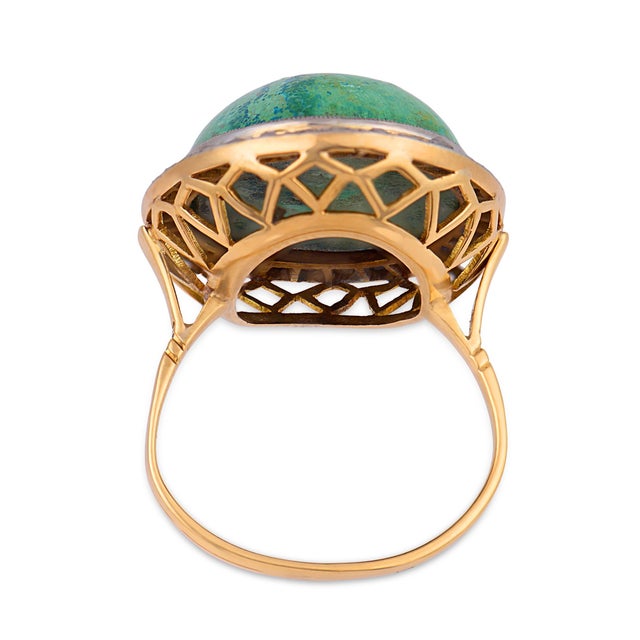 Vintage Turquoise Diamond 18k Two Tone Cocktail Ring, Size 5.5 For Sale In Los Angeles - Image 6 of 6