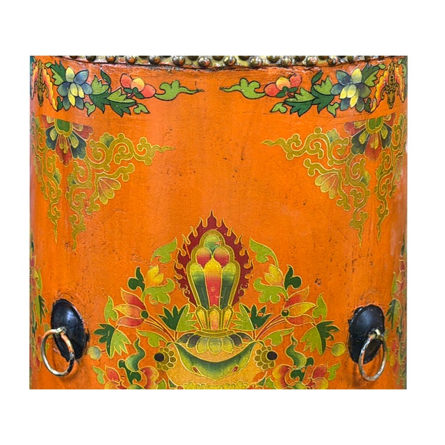 Orange Distressed Light Orange Tibetan Style Jewel Symbol Round Drum Table For Sale - Image 8 of 10