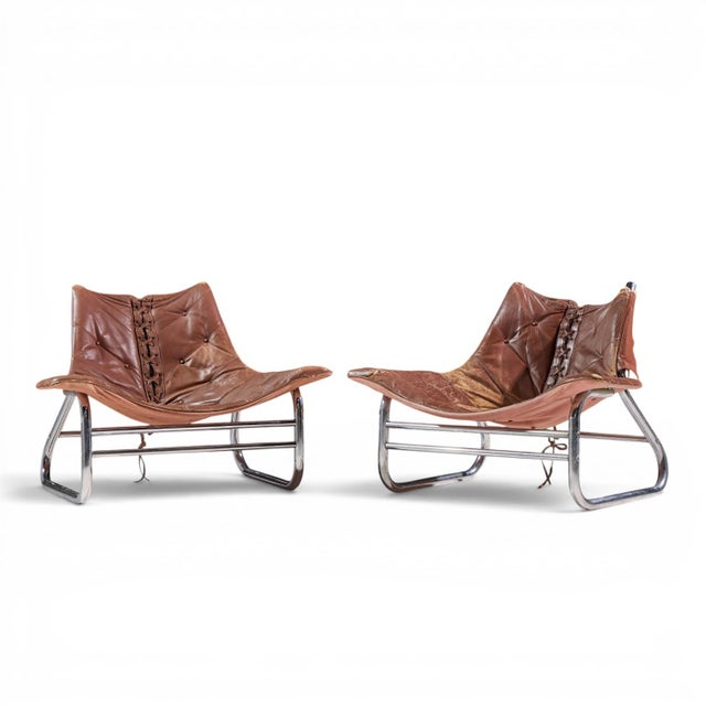 Mid-Century Modern Johan Bertil Häggström for Swed-Form Mid Century Swedish Leather and Chrome Corset Chairs - Pair For Sale - Image 3 of 12