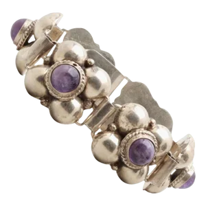 Mid 20th Century Mexico Sterling Silver Amethyst Cabochon Bracelet