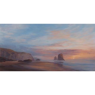 Adventure Awaits by Rob Alexander | Oil on linen panel Landscape with cliffs and ocean at sunset For Sale