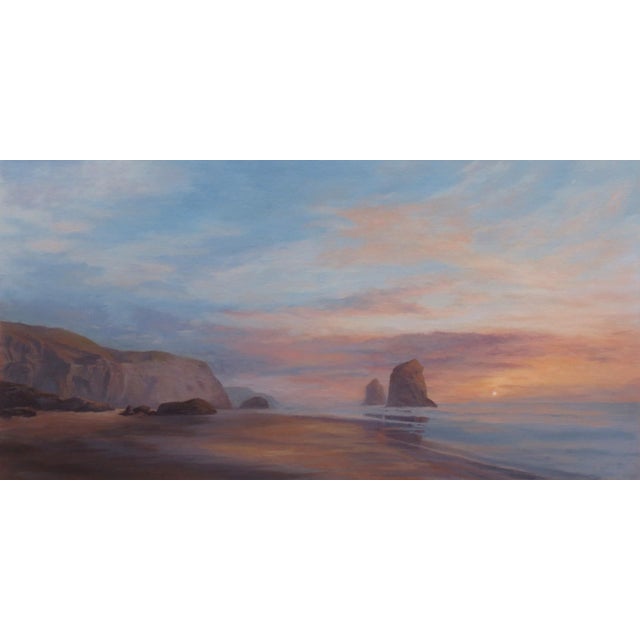 Adventure Awaits by Rob Alexander | Oil on linen panel Landscape with cliffs and ocean at sunset For Sale