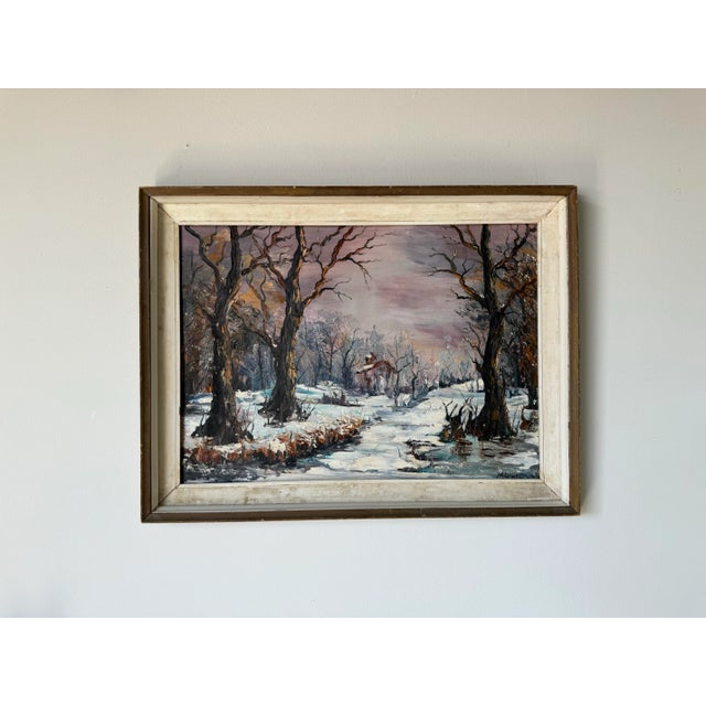 Cabin Vintage Winter Cabin in the Woods Landscape Oil Painting, Signed For Sale - Image 3 of 12