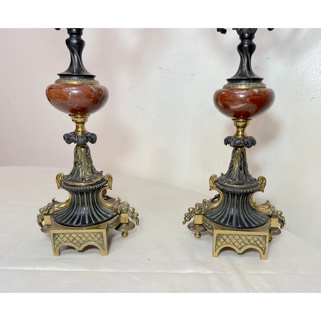Pair Antique Ornate 1800's Patinated Gilt Bronze Marble Neoclassical Candelabras For Sale - Image 13 of 14
