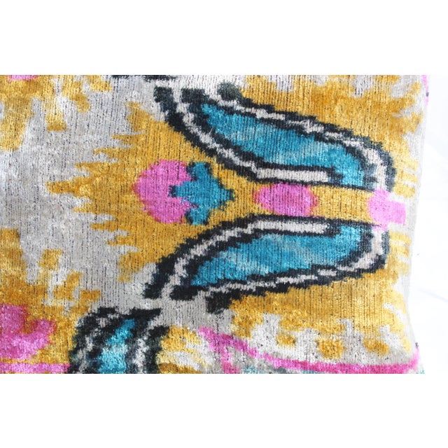 Bohemian silk velvet ikat pillow with vibrant colors of yellow, light blue, beige, and gold. Super hand soft. Hand made...