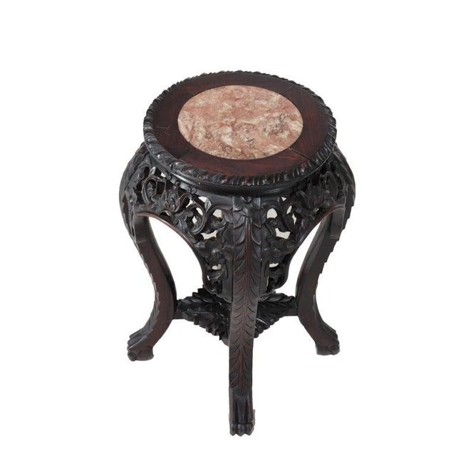 Antique Chinese Floral Carved Hardwood Stand With Rouge Marble Top C1910. Measures - 19 1/2" x 15" x 15". This antique...