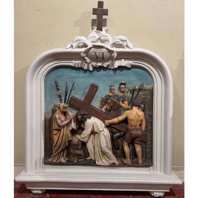 Sculpture Materials 19th Century French Carved Painted "Stations of the Cross", Complete Set of 14 For Sale - Image 7 of 12