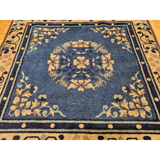 Textile 19th Century Chinese Peking Area Rug, Floral & Bird Motifs,Tan & Blue, 3' x 3' For Sale - Image 7 of 9