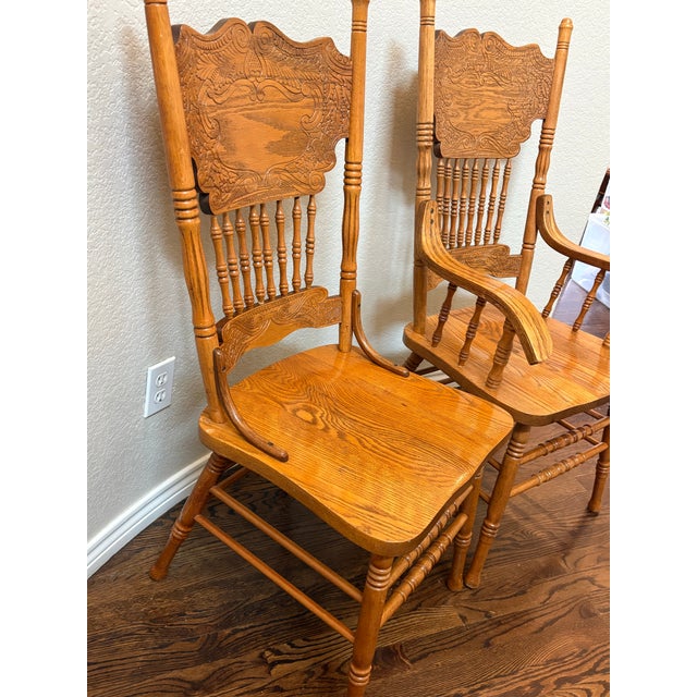 English Vintage Carved Solid Oak Pressed-Back Dining Chairs – Captain & Side Chair Pair For Sale - Image 3 of 9