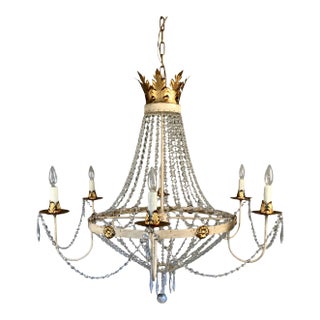 Custom Made "Flynn" White Painted and Gold Leaf Six Arm Chandelier With Crystal Draping For Sale