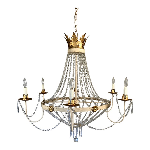 Custom Made "Flynn" White Painted and Gold Leaf Six Arm Chandelier With Crystal Draping For Sale