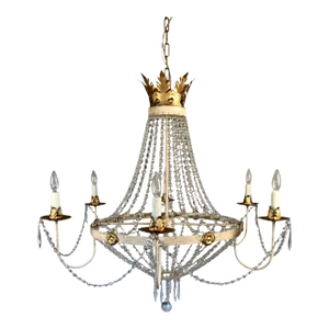 Custom Made "Flynn" White Painted and Gold Leaf Six Arm Chandelier With Crystal Draping