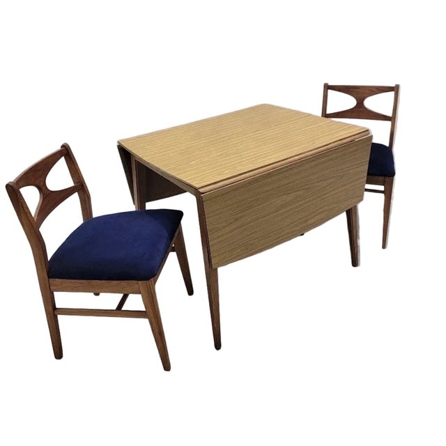 Tan Mid Century Modern Walnut Drop Leaf Table and 6 Chairs Newly Reupholstered For Sale - Image 8 of 8