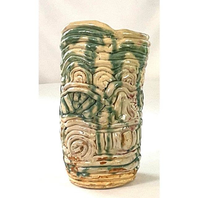 Brutalist Vintage, Large, Studio Art Pottery Vase-Exposed Coil Rope, Wrap Design – In a Brutalist Design – Signed Sheila on the Bottom For Sale - Image 3 of 6