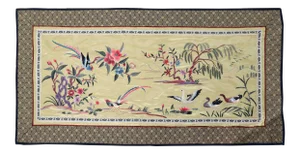 Vintage Asian Silk Embroidered Cloth With Tropical Birds and Swans in Golden Lake