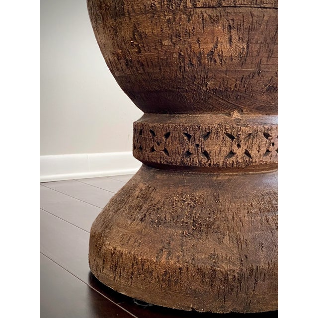 Mid-Century Modern Made Goods Marek Mango Wood Drum Side Table – Sculptural Carved Pedestal, Organic Modern For Sale - Image 3 of 13
