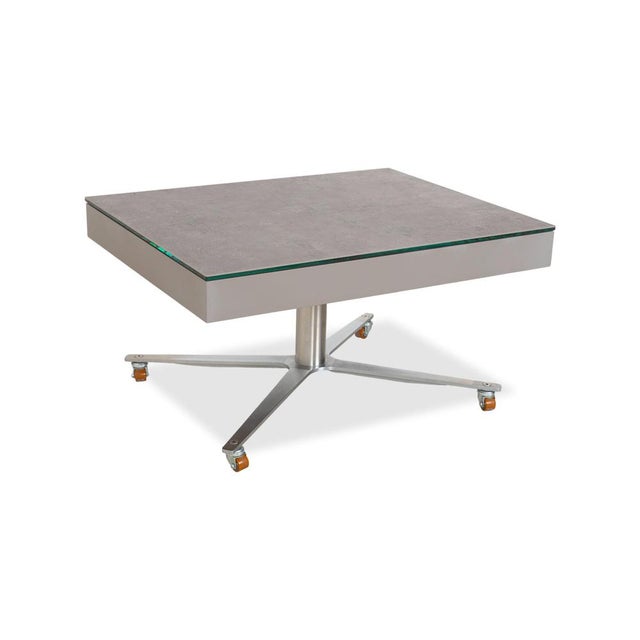 Modern Glass Grey Coffee Table with Manual Function and Storage Compartment in Plastic Decor by Ronald Schmitt For Sale - Image 3 of 13