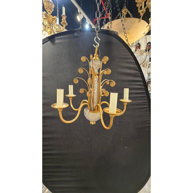 French 1930 French Gilt Metal and Crystal Chandelier 5 Lights For Sale - Image 3 of 5