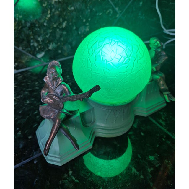 Mid 20th Century 1930s Art Deco Figural Musician Boudoir Lamp With Green Crackle Glass Globe (Jg) For Sale - Image 5 of 10