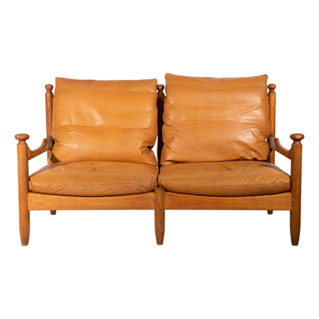 Mid-Century Modern Brutalist 2-Seater Sofa in Oak and Leather by Guillerme et Chambron, 1950s For Sale
