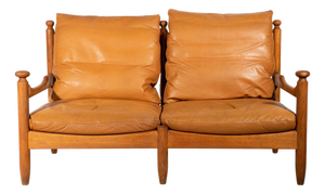 Mid-Century Modern Brutalist 2-Seater Sofa in Oak and Leather by Guillerme et Chambron, 1950s
