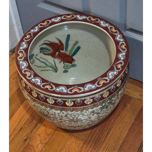 Vintage Hand Painted Koi-Fish Asian Chinoiserie Fishbowl Jardinière Planter For Sale - Image 9 of 11