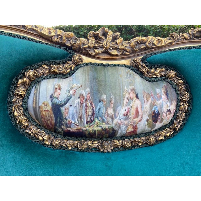 French 1980 French Artisan Louis XVI Gold Green Velvet Settee For Sale - Image 3 of 12
