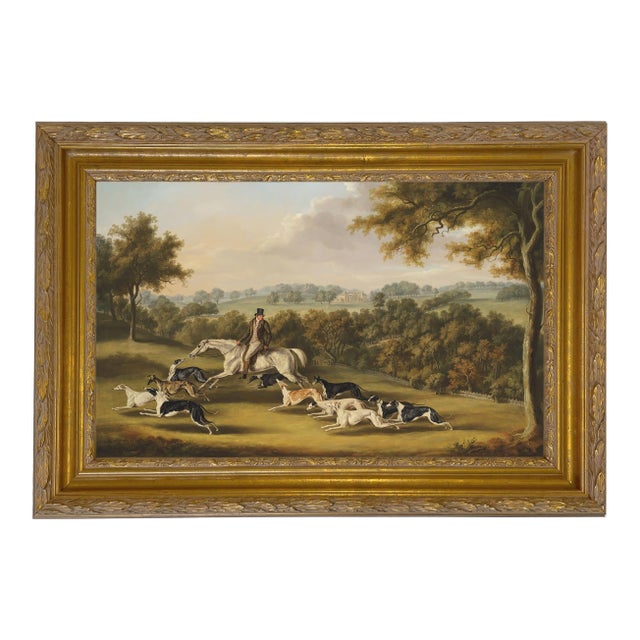 Horse and Hunter With Hounds Painting Reproduction Print on Canvas, 15x23.5", Antiqued Gold Wood & Gesso Frame For Sale
